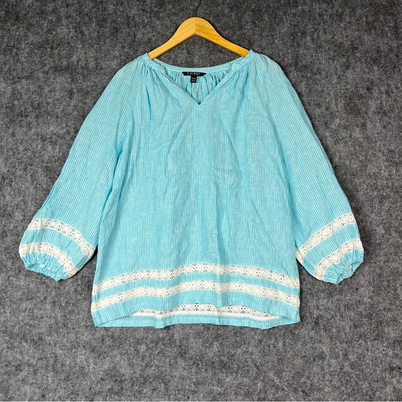 Ralph Lauren Tops - Lauren Ralph Lauren Womens Linen Lace Trim Peasant Top
XL Blue White V Neck